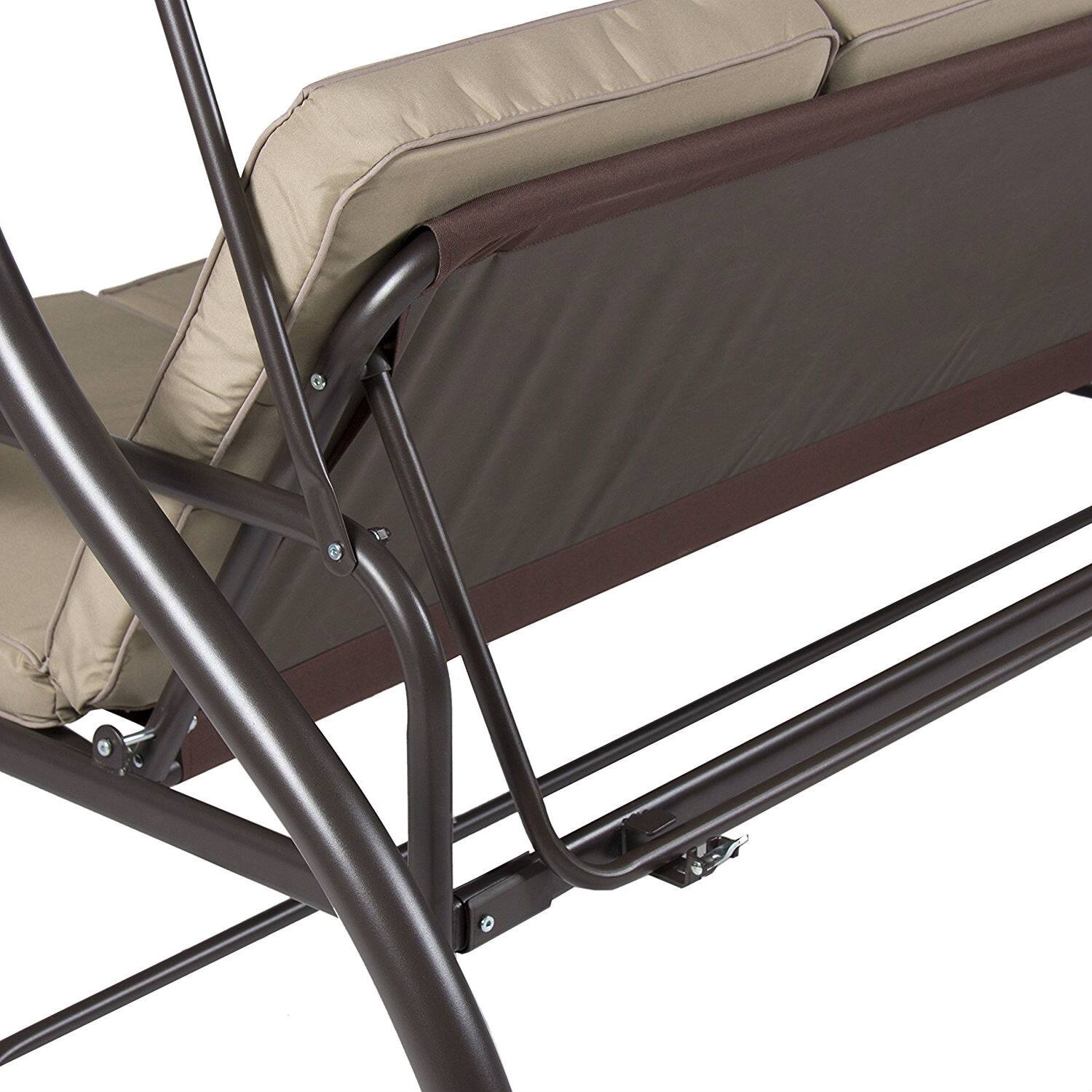 Left. Hivvago - Tan 3-Seat Outdoor Porch Deck Patio Canopy Swing with Cushions - Tan.