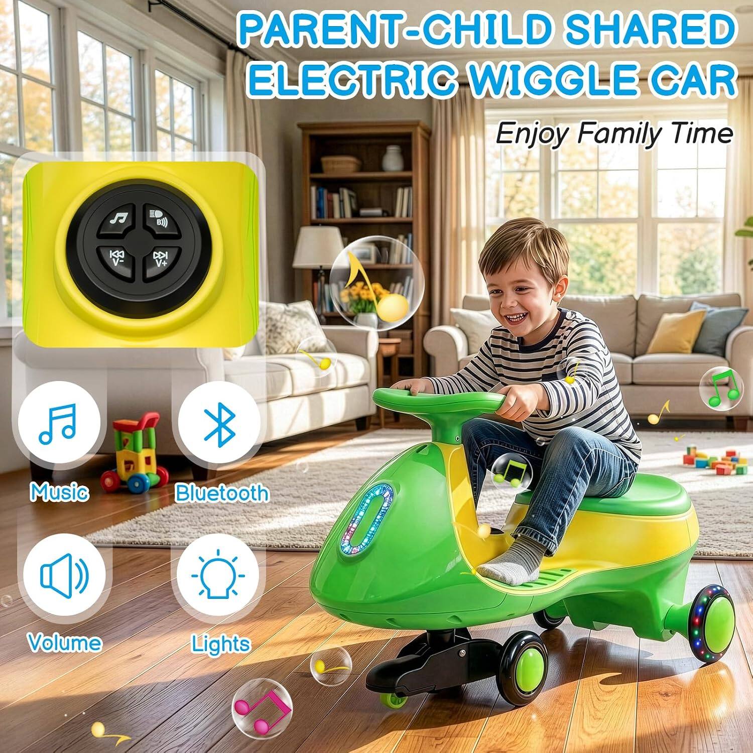 PARENT-CHILD SHARED ELECTRIC WIGGLE CAR  
Enjoy Family Time  

Music  
Bluetooth  
Volume  
Lights