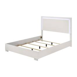 Manhattan Lane - Suni Queen Size Bed w LED on Headboard, White Wood Frame, Chrome Legs - White, Chrome Silver