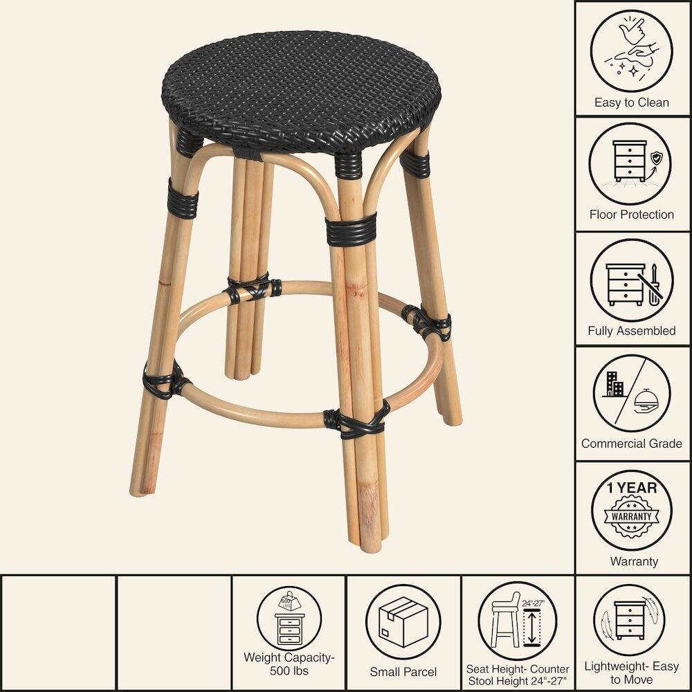 Easy to Clean  
Floor Protection  
Fully Assembled  
Commercial Grade  
1 YEAR WARRANTY  
Weight Capacity- 500 lbs  
Small Parcel  
Seat Height- Counter Stool Height 24"-27"  
Lightweight- Easy to Move