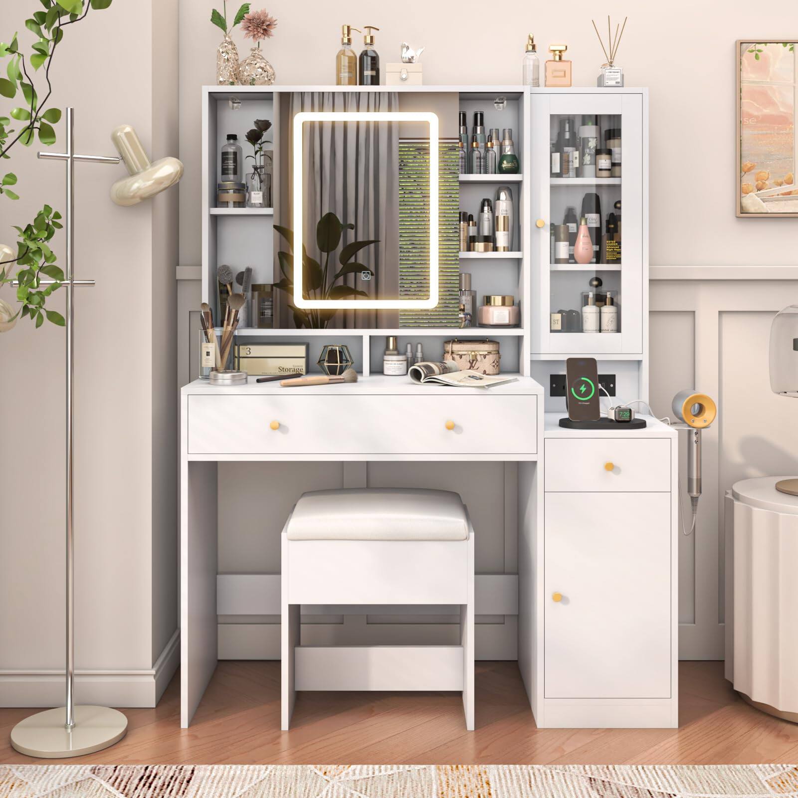 Angle. Espafurni - 43" Vanity Desk Set with LED Light Mirror & Power Outlet, Makeup Table with Shelves & 2 Drawers - White.