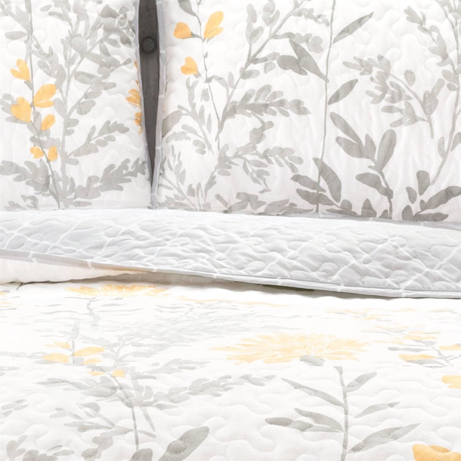 Left. Hivvago - King size Yellow Grey Floral Light Thin Cotton Polyester Blend Quilt Set - Yellow Grey.