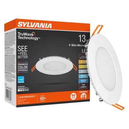 SYLVANIA
TruWave Technology™
SEE + FEEL BETTER
13 W
4" Slim Micro LED
ENHANCED COLOR EXPERIENCE
5 COLOR SELECTABLE
2700K SOFT WHITE
3000K WARM WHITE
3500K BRIGHT WHITE
4000K COOL WHITE
5000K DAYLIGHT
720 LUMENS
90 CRI
SUPERIOR DIMMABILITY+++
1 SLIM MICRODISK 4"
Replaces 120W
Uses 13W
Indoor / Wet Rated*
LASTS 45+ YEARS**
HARDWIRED
ENERGY STAR
90 CRI
*Indoor / Wet Rated
**Based on 3 hours per day