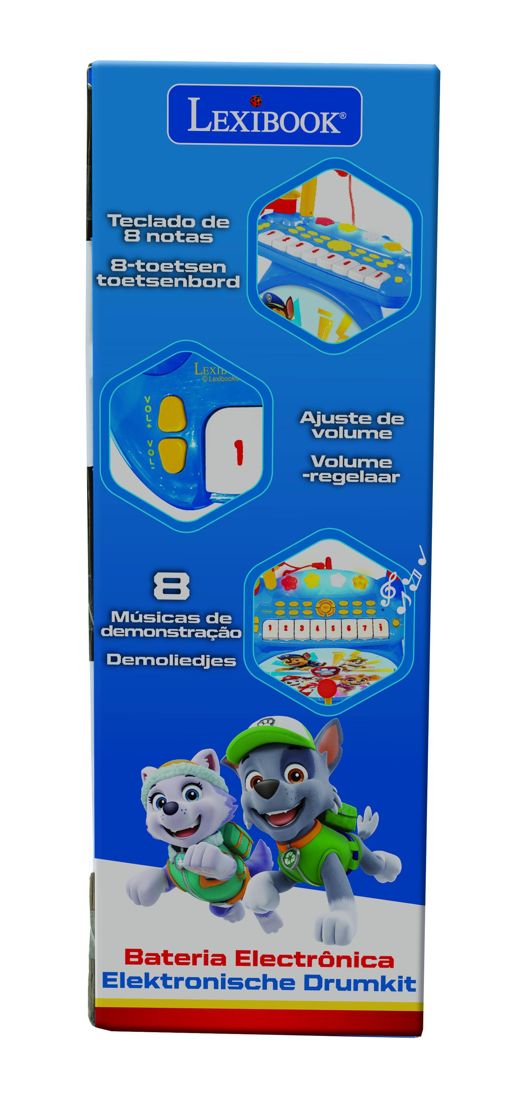 LEXIBOOK Teclado de 8 notas 8-toetsen toetsenbord i LEXID C  
Lextbooks : Ajuste de volume : 1 Volume -regelaar  
8 Músicas de demonstração Demoliedjes  
Bateria Electrónica Elektronische Drumkit