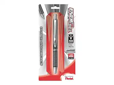Sure, here is the corrected and grouped text from the image:
**Product Name:**
- RETRACTABLE LIQUID GEL ROLLER
**Brand:**
- Pentel
**Model:**
- ENERGEL
**Features:**
- 0.7mm Medium Tip
- Quick Drying
- No Smear
**Additional Information:**
- Made in Japan
**Packaging:**
- "Pentel" logo at the bottom
**Design:**
- Sleek and modern design
This text is organized to reflect the information presented on the packaging.