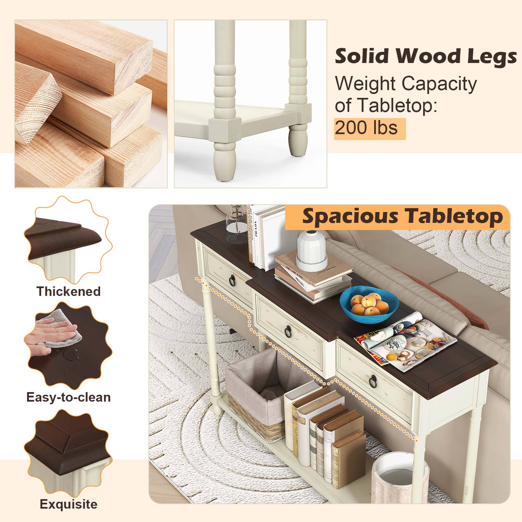 The text on the image is grouped as follows:

1. Solid Wood Legs
2. Weight Capacity of Tabletop: 200 lbs
3. Spacious Tabletop
4. Thickened
5. Easy-to-clean
6. Exquisite
