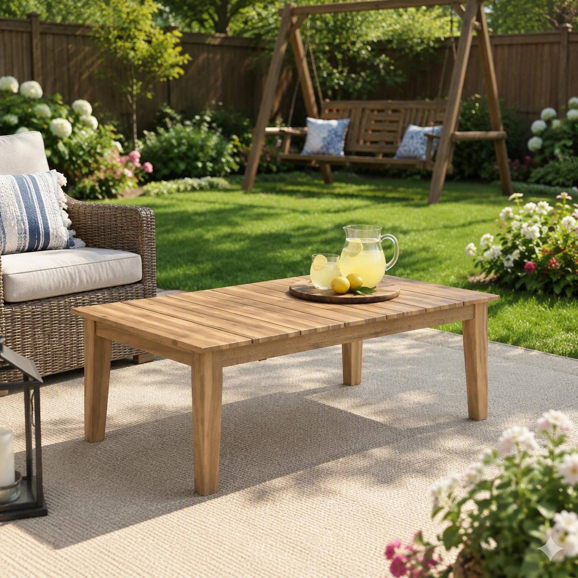 Alt View 2. RYHNUYNE - Outdoor Solid Wood Coffee Table, Rectangular Slatted Patio Table with Natural Wood Finish for Backyard Porch Garden - Brown.