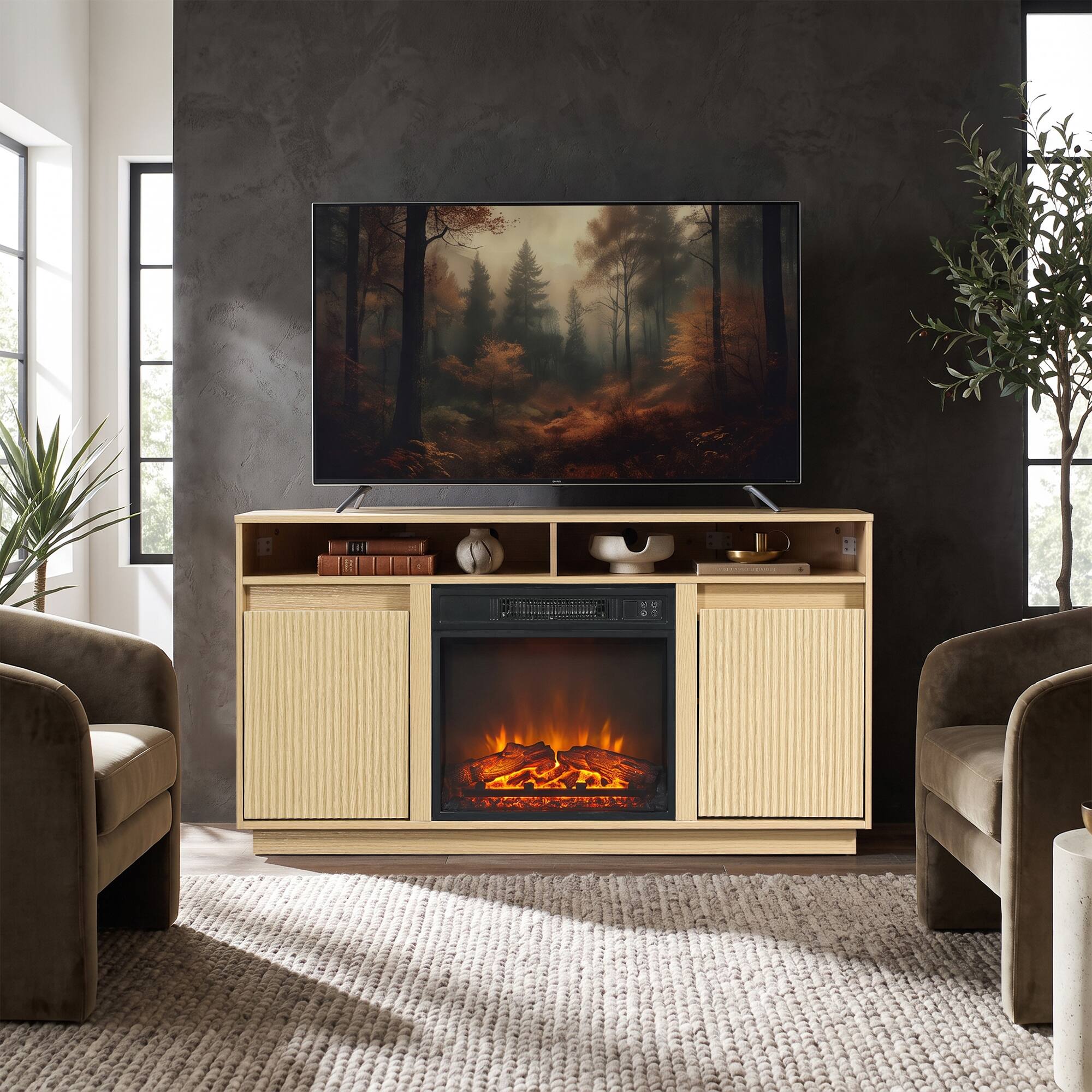 Left. Ihomeadore - 47"  Modern Minimalist Fluted Corner TV Stand Media Console with 18" Electric Fireplace for TVs up to 55" - Light Oak.