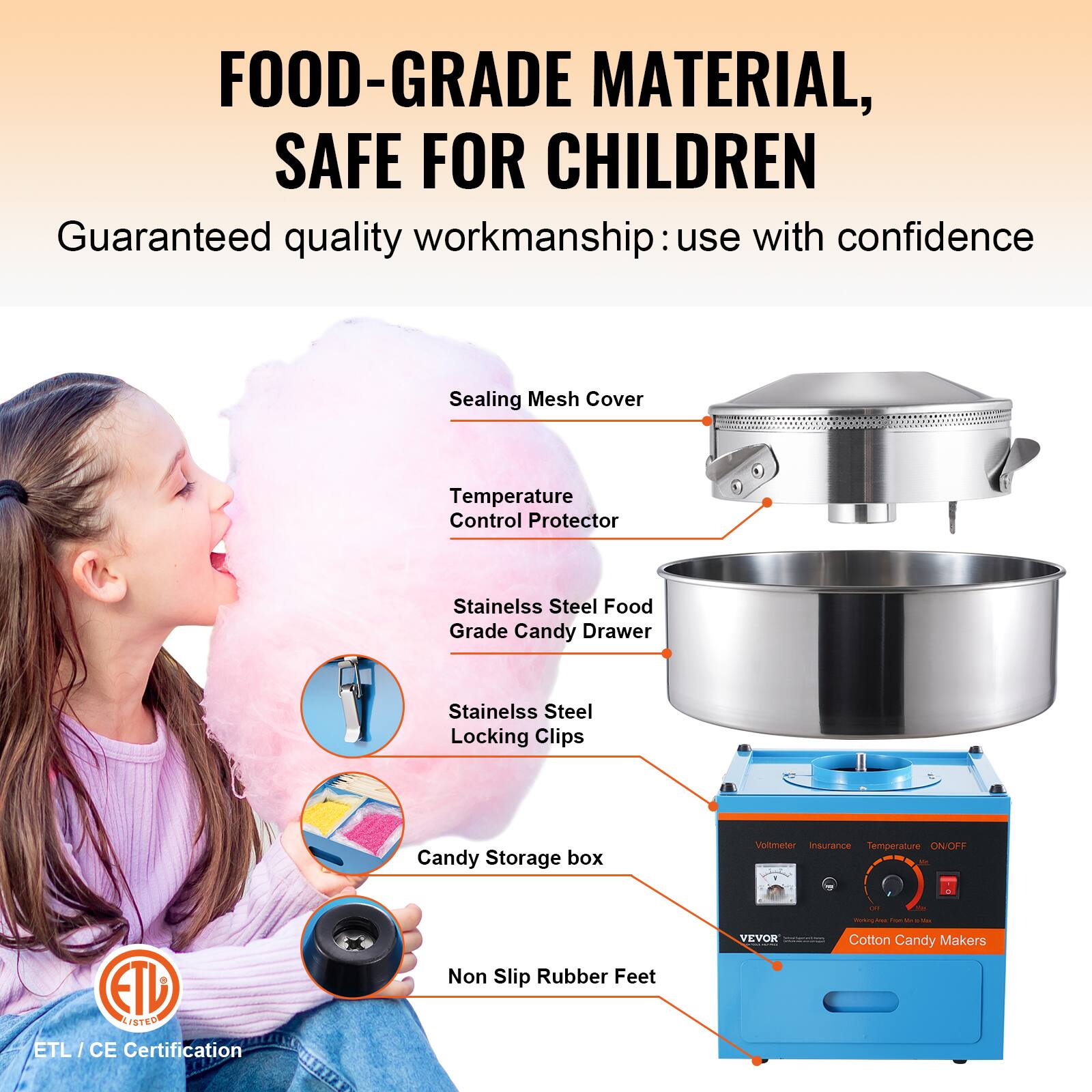 FOOD-GRADE MATERIAL, SAFE FOR CHILDREN

Guaranteed quality workmanship: use with confidence

- Sealing Mesh Cover
- Temperature Control Protector
- Stainless Steel Food Grade Candy Drawer
- Stainless Steel Locking Clips
- Candy Storage box
- Non Slip Rubber Feet

ETL LISTED
ETL/ CE Certification

VEVOR Cotton Candy Makers