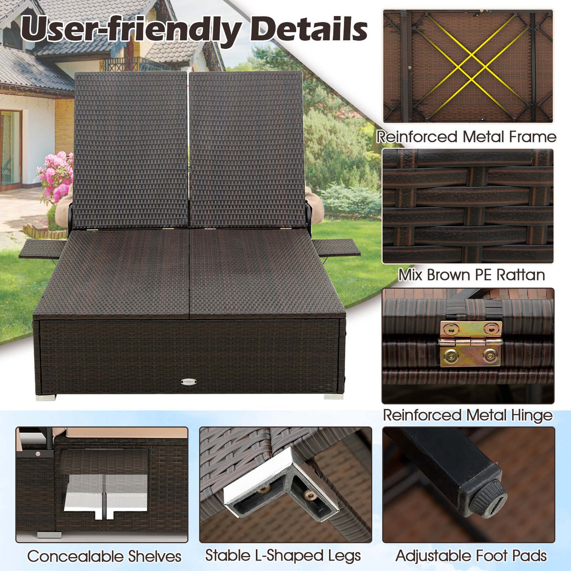 User-friendly Details

- Reinforced Metal Frame
- Mix Brown PE Rattan
- Reinforced Metal Hinge
- Concealable Shelves
- Stable L-Shaped Legs
- Adjustable Foot Pads