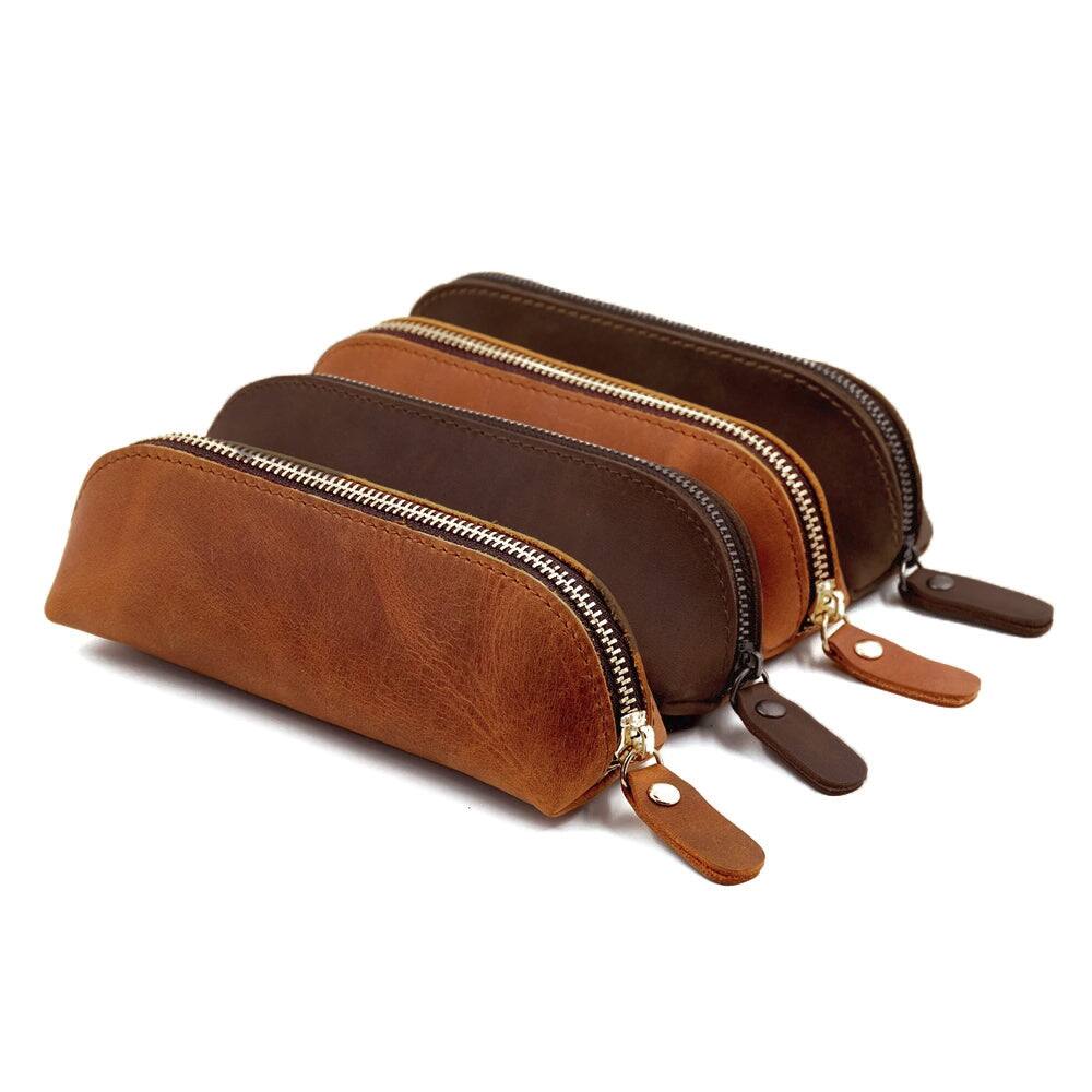 Left. Steel Horse Leather - The Paavo Leather Pen Case | Leather Makeup Pouch - Dark Brown.