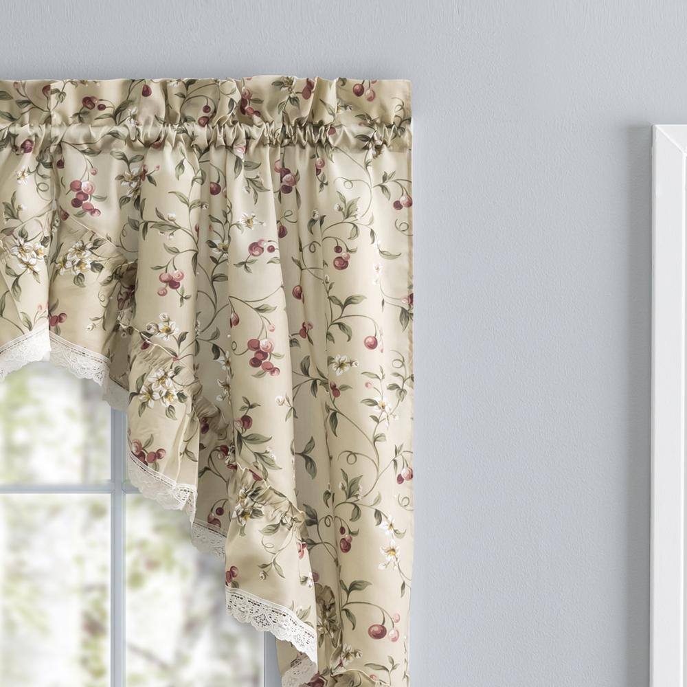 Left. Ellis Curtain - Ellis Curtain Cherries Ruffled 1.5" Rod Pocket Swag Lace Edge Window Curtain 58"x36" Natural - Natural.