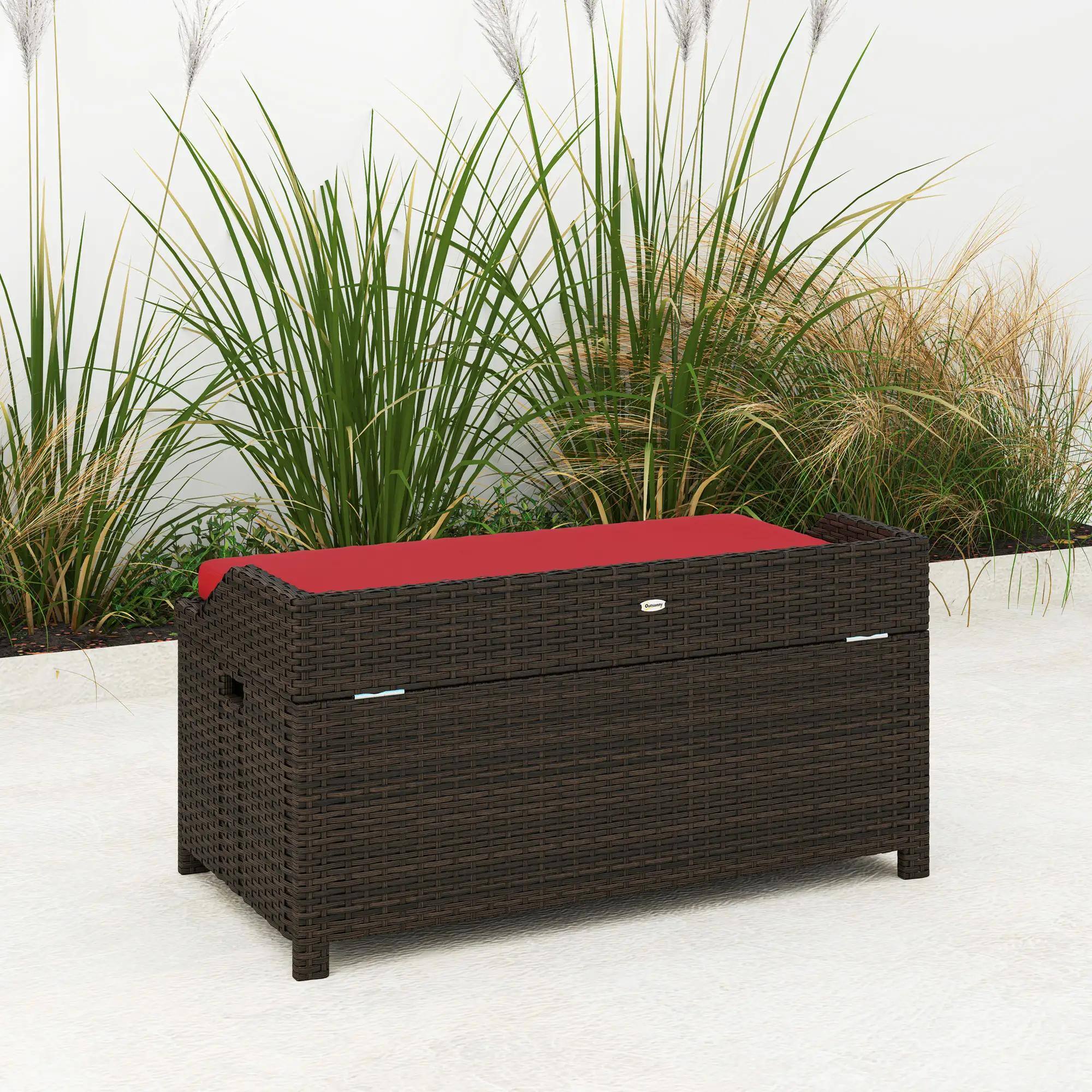 Alt View 1. Resenkos - Resenkos Outdoor Wicker Bench with Storage, Patio Storage Bench, Outdoor Bench with Cushion, Outdoor Furniture,Red - Red.