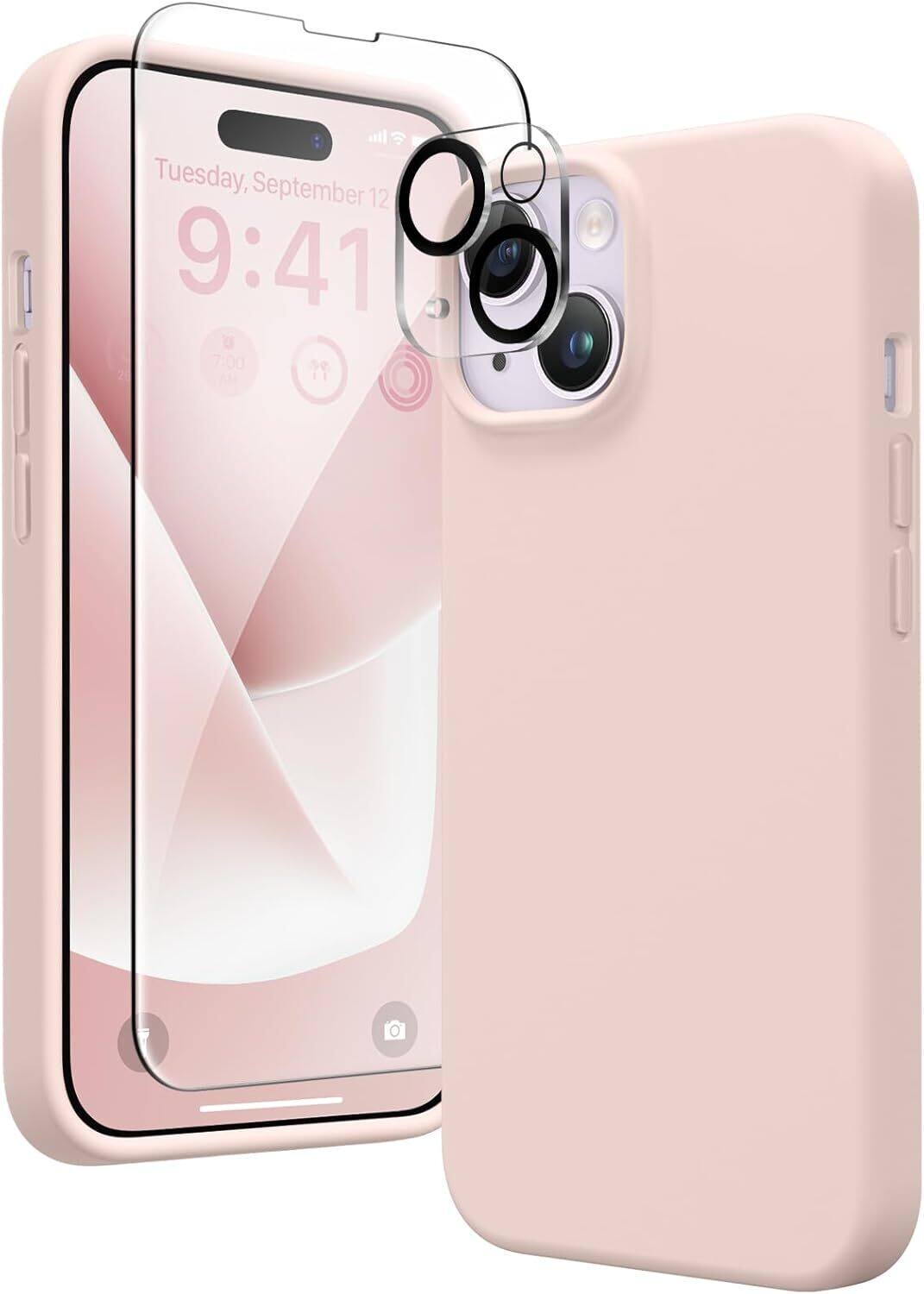 Entronix - Complete Protection Bundle for iPhone 13 - Silicone Case, Screen & Lens Protectors - Rose Gold
