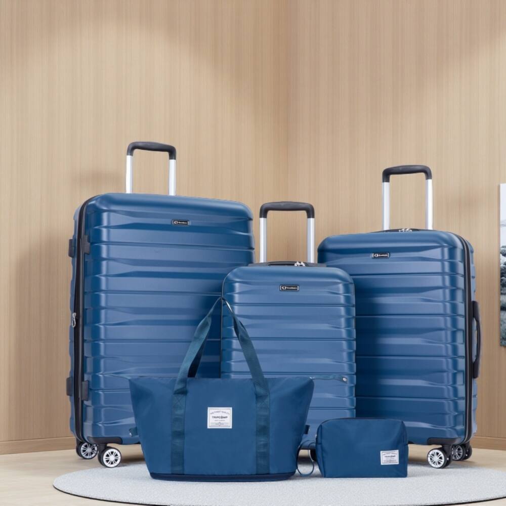 Angle. BreeBe - Expandable Hard PC Luggage Set with TSA Lock and Rotating Wheels, 5 Pieces - Dark Blue.