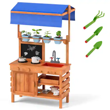Front. Costway - Costway Mud Kitchen Wooden Pretend Play Kitchen with Height Adjustable Canopy - Natural.
