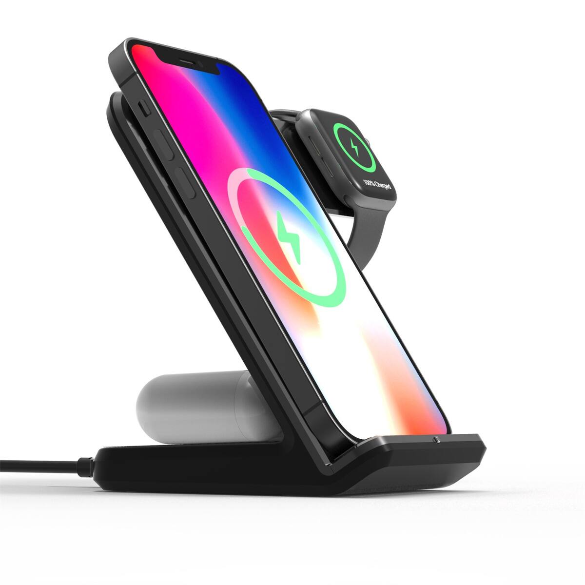 Alt View 2. RISOKEYS - 15W 3-in-1 Wireless Charger -  Power Adapter, Fast Charger Compatible with Qi Phones/Earphones/iWatch - Black.