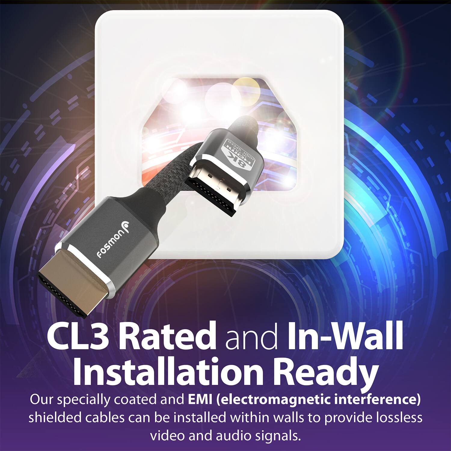 CL3 Rated and In-Wall Installation Ready

Our specially coated and EMI (electromagnetic interference) shielded cables can be installed within walls to provide lossless video and audio signals.