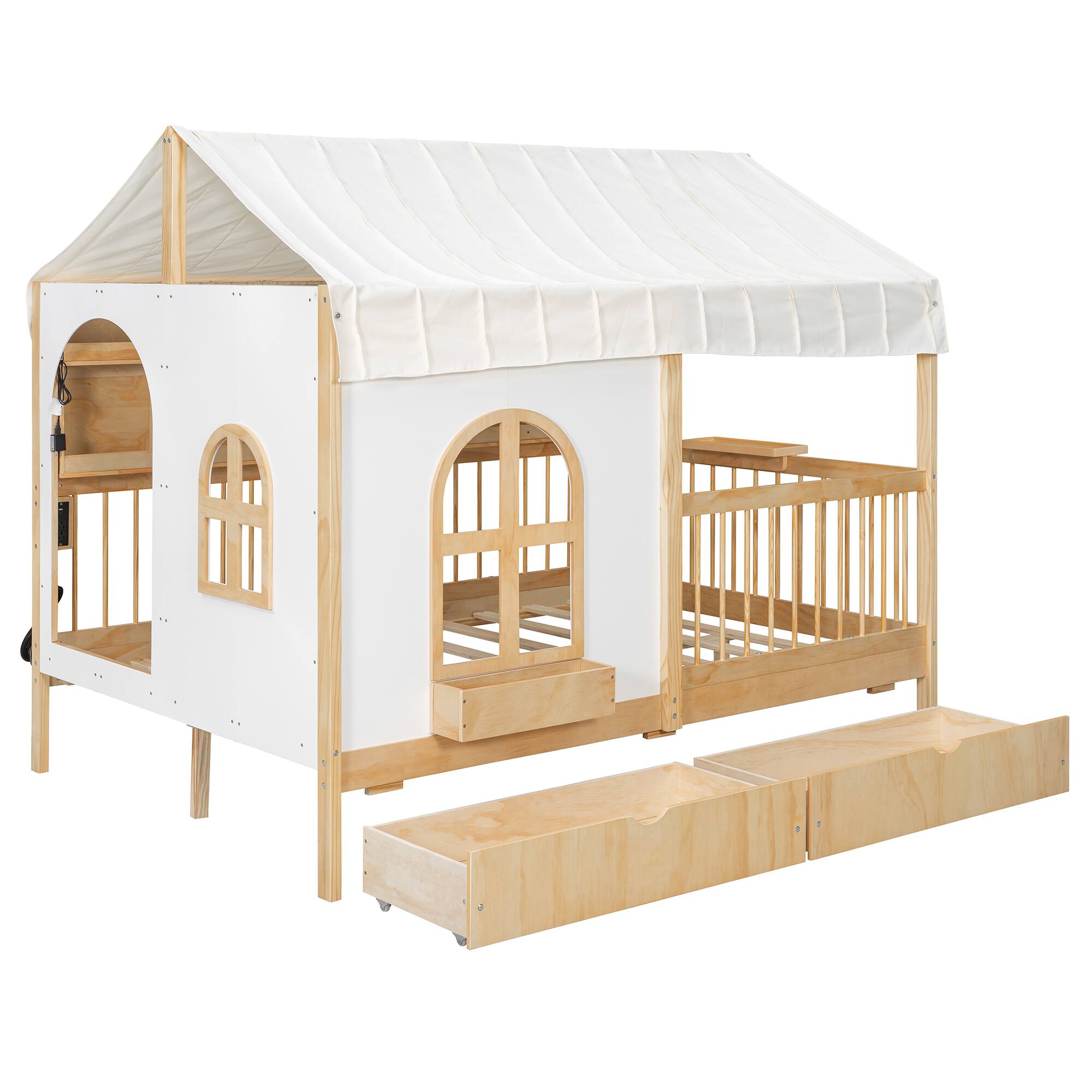 Alt View 1. Anysun - Full Size House Bed with 2 Large Drawers, Side Bookshelf with LED Strip - Natural.