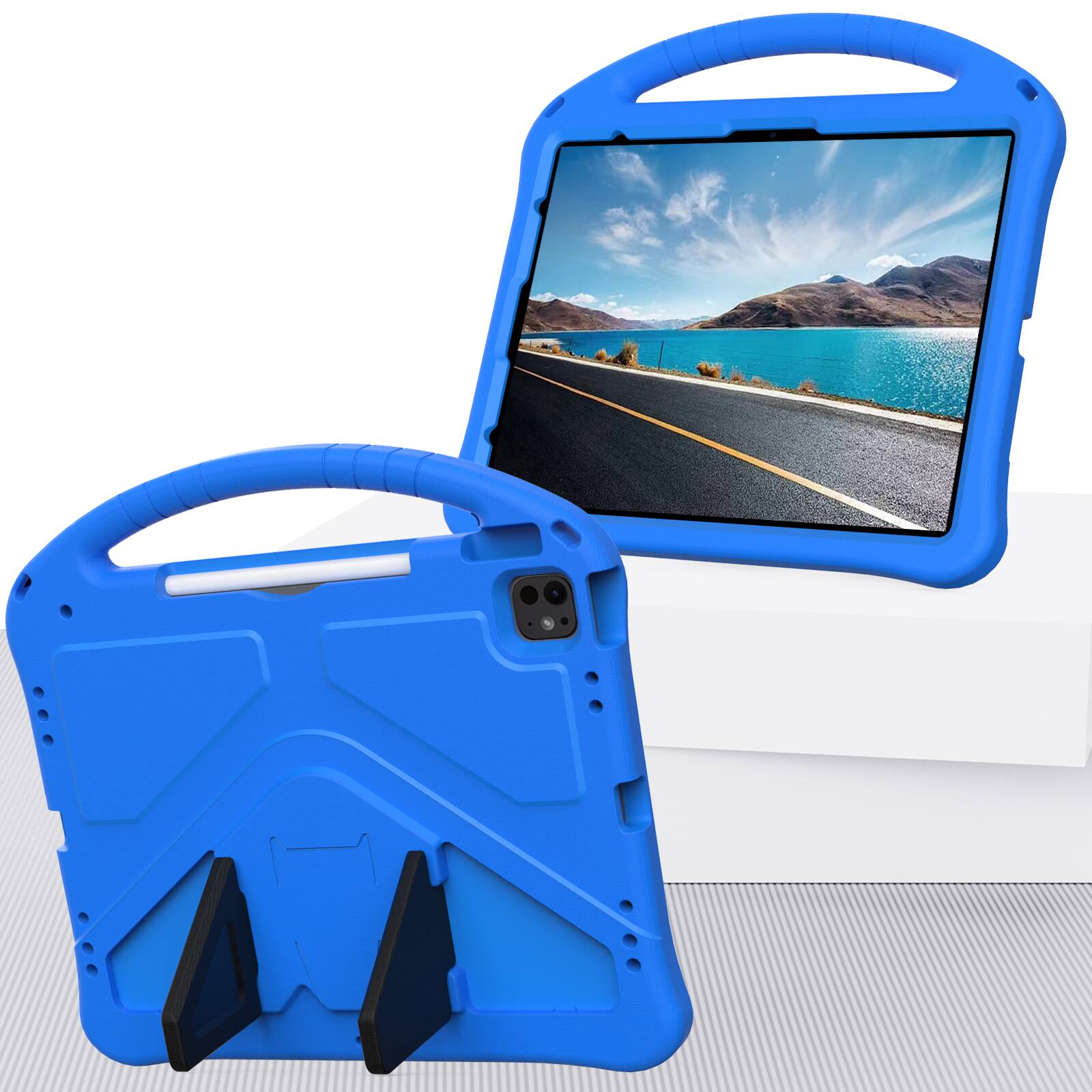 Angle. Dteck - For iPad Air 11'' (M4)2026/(M3)2025/ (M2)2024 & iPad Pro 11'' (M5) 2025/(M4) 2024 Shockproof EVA Handle Stand Kids Case - Blue.