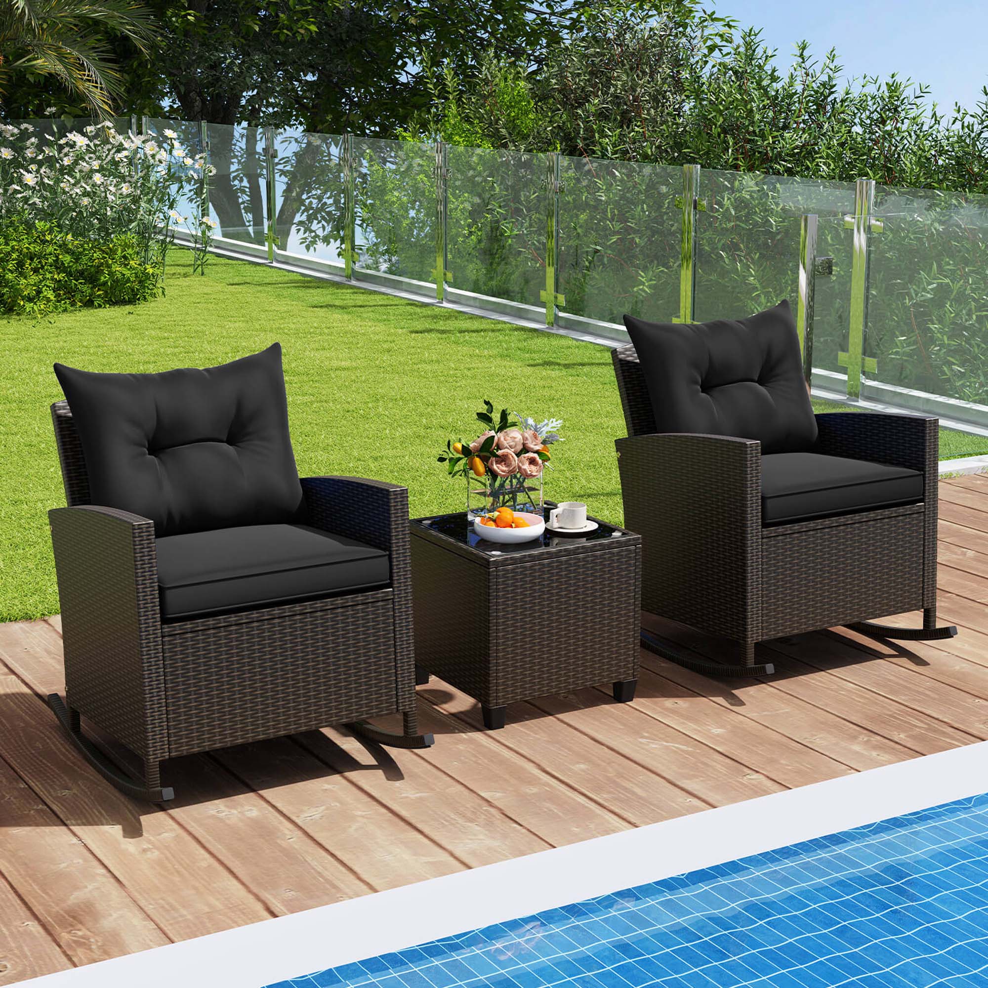 Alt View 3. Costway - 3 PCS Patio Wicker Rocking Set with Tempered Glass Table & Soft Cushions Outdoor - Black.