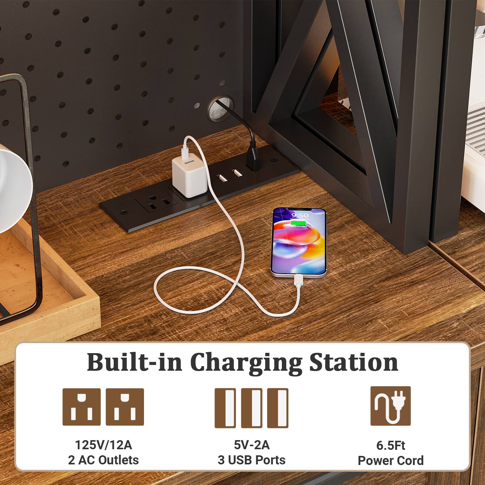 T50 Built-in Charging Station  
125V/12A  
2 AC Outlets  
5V-2A  
3 USB Ports  
6.5Ft Power Cord
