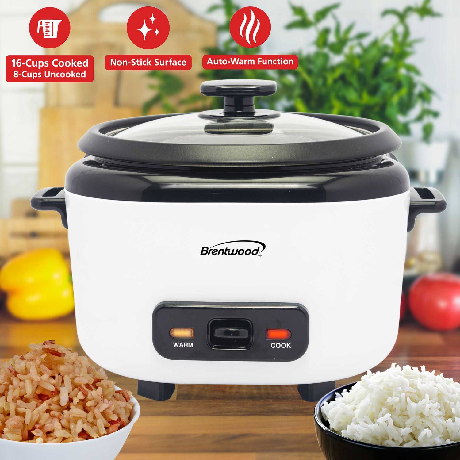 16-Cups Cooked  
8-Cups Uncooked  

Non-Stick Surface  

Auto-Warm Function  

Brentwood