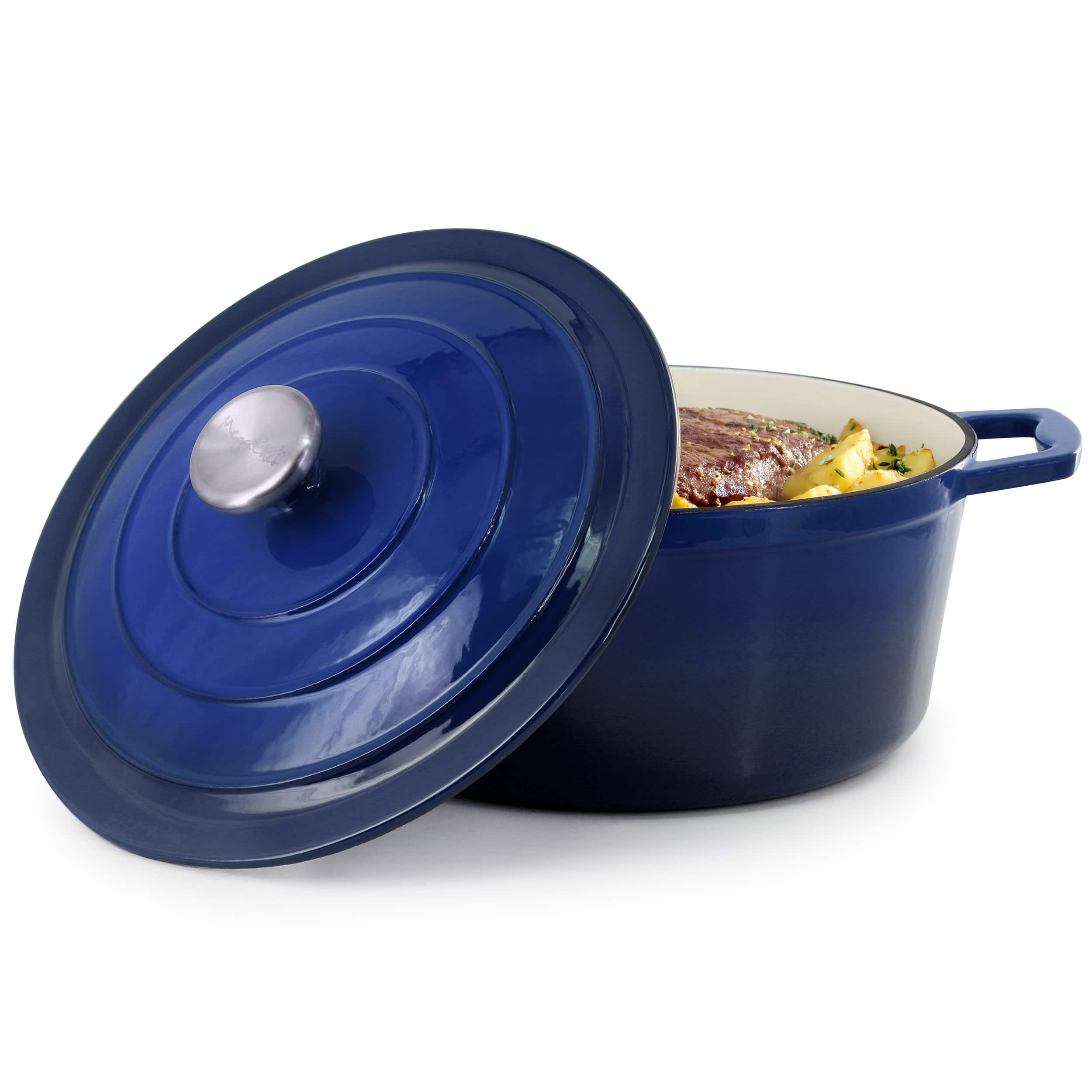 Mega Chef - MegaChef 5 Quarts Round Enameled Cast Iron Casserole with Lid in Gradient - Dark Blue