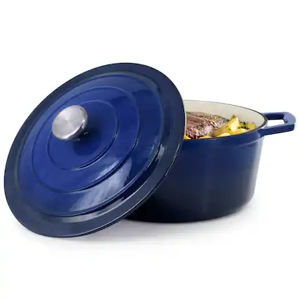 Front. MegaChef - MegaChef 5 Quarts Round Enameled Cast Iron Casserole with Lid in Gradient Dark Blue - Dark Blue.