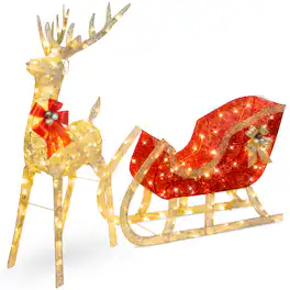 Best Choice Products - Lighted Christmas 4ft Reindeer & Sleigh Holiday Outdoor Decor Set w/205 LED Lights, Stakes - Gold - Gold - Large