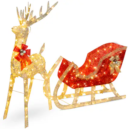 Front. Best Choice Products - Best Choice Products Lighted Christmas 4ft Reindeer & Sleigh Holiday Outdoor Decor Set w/205 LED Lights, Stakes - Gold - Gold - Large.