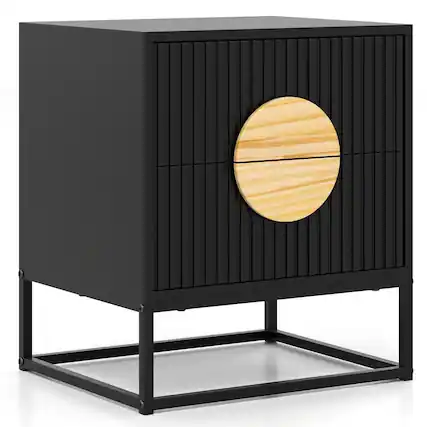 Front. Kadyn - Mid-Century Fluted Nightstand – 2 Drawers + Pine Wood Handles, Modern Bedroom Side Table, Black - Black.