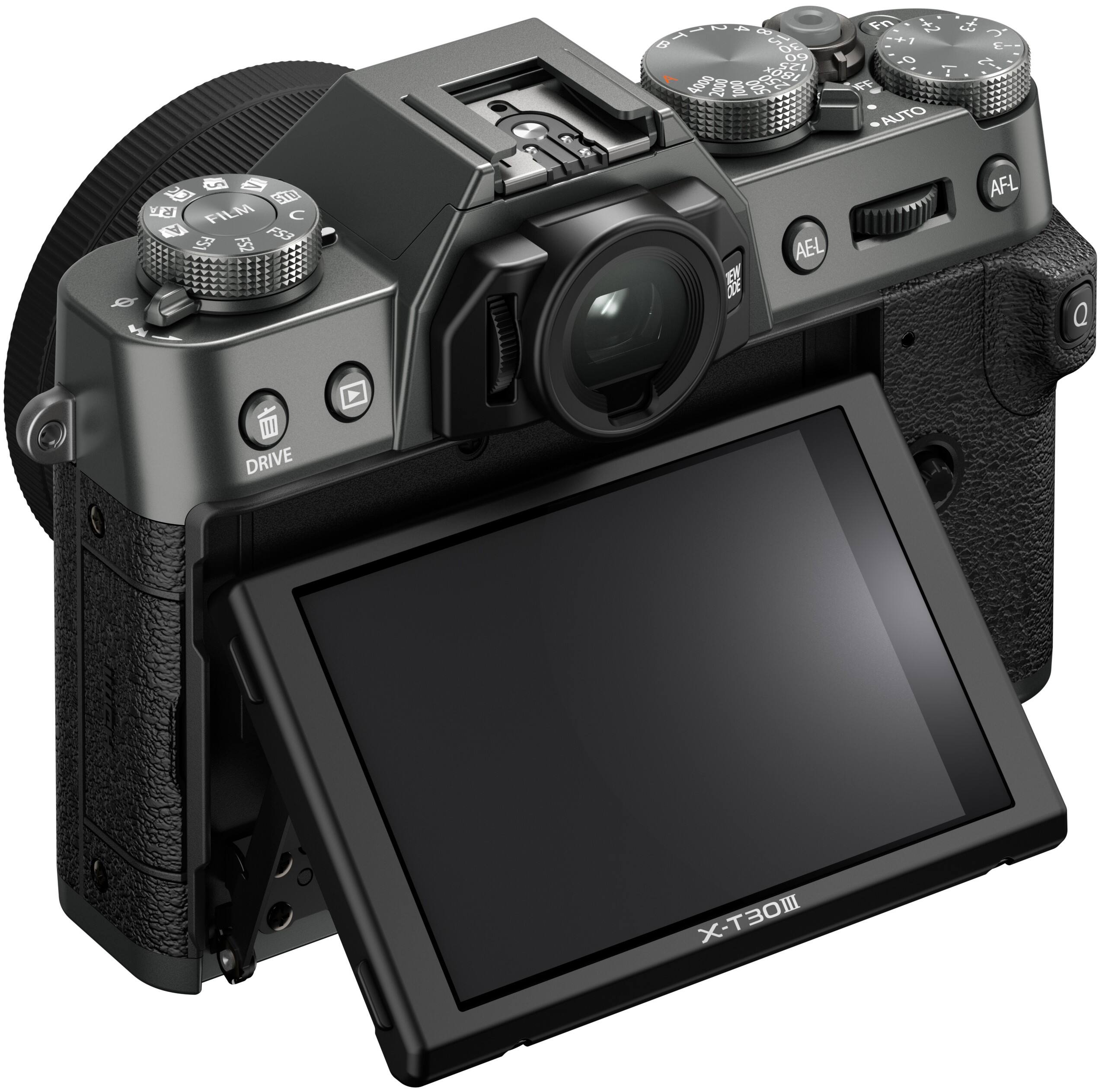 Sure, here is the corrected and grouped text from the image:

**Top Left:**
- gCte FC 09 40A 2000 R0

**Top Center:**
- Fn ++2 & + I L -0 T 1 F AUTO 5 A RL

**Top Right:**
- FILM C A FS1 S OE AEL AFL Q II DRIVE

**Camera Body:**
- X-T30III

**Left Side:**
- DRIVE

**Top Dial:**
- FILM C

**Right Dial:**
- AUTO

**Buttons:**
- AEL
- AFL

**Lens:**
- 18-55mm F2.8-4 R LM OIS

**Other Labels:**
- OLYMPUS