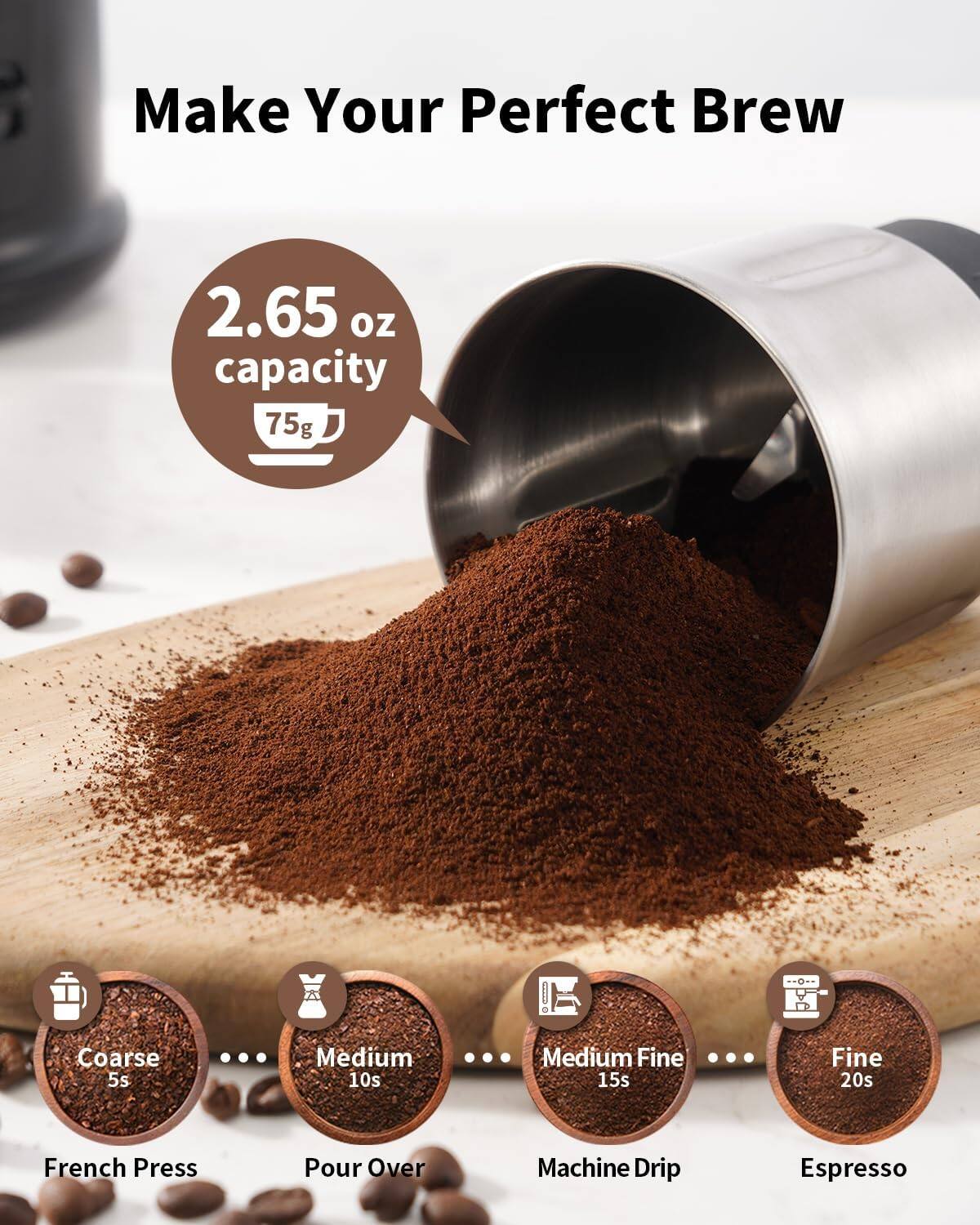Make Your Perfect Brew

2.65 oz capacity 75g

Coarse 5s
Medium 10s
Medium Fine 15s
Fine 20s

French Press
Pour Over
Machine Drip
Espresso