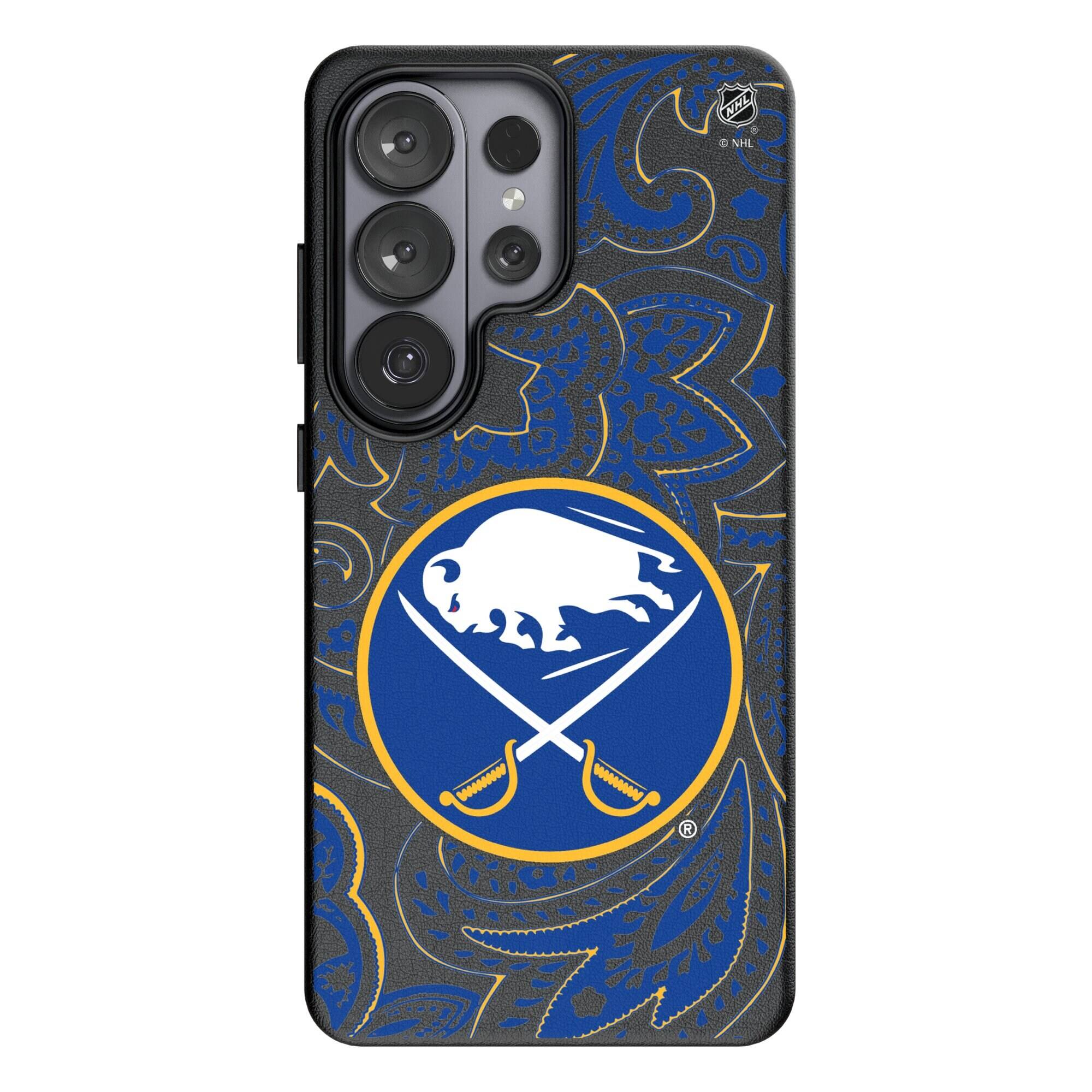 Front. Keyscaper - Buffalo Sabres Paisley Galaxy Magnetic Bump Case - S25 Plus - Black.