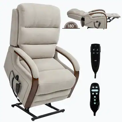 Front. LUCKY ONE - Chenille Power Lift Recliner Chair with Infinite Position, Massage and Solid Wood Armrests - Beige.