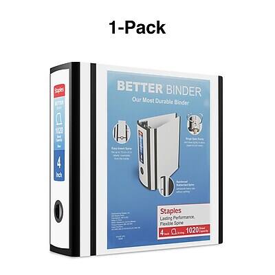 1-Pack  
BETTER BINDER  
Our Most Durable Binder  

4 Inch Staples  
Lasting Performance  
Flexible Spine  

Staples  
Lasting Performance  
4 Inch  
1020