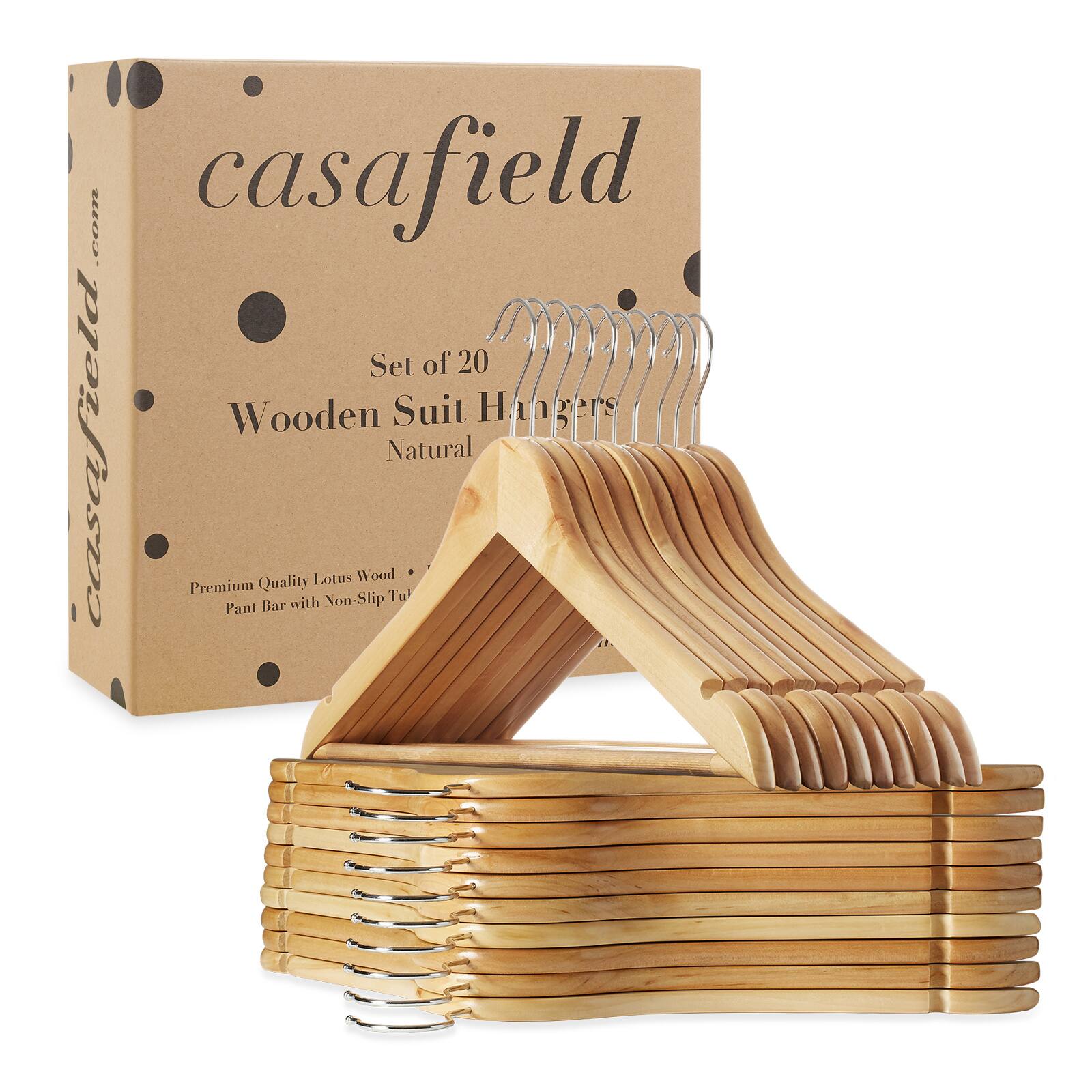 10 com casafield Set of 20 Wooden Suit Hangers casafield Premium Quality Lotus Wood Natural Pant Bar with Non-Slip Tubs