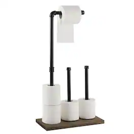 Oumilen - Industrial Pipe Freestanding Toilet Paper Holder – Black Metal Stand with Burnt Wood Base