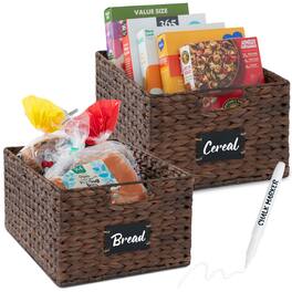 Best Choice Products - Set of 2 16in Woven Water Hyacinth Pantry Baskets w/ Chalkboard Label, Chalk Marker - Brown