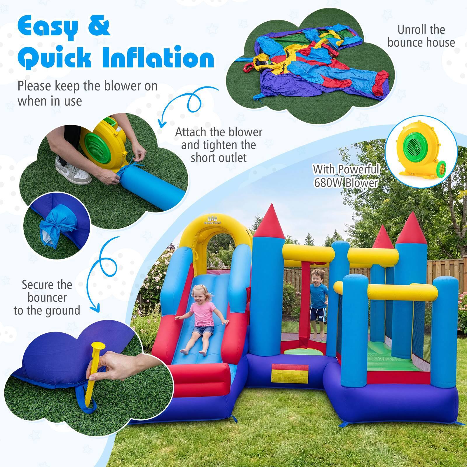 Easy & Quick Inflation

Please keep the blower on when in use

Unroll the bounce house

Attach the blower and tighten the short outlet

With Powerful 680W Blower

Secure the bouncer to the ground
