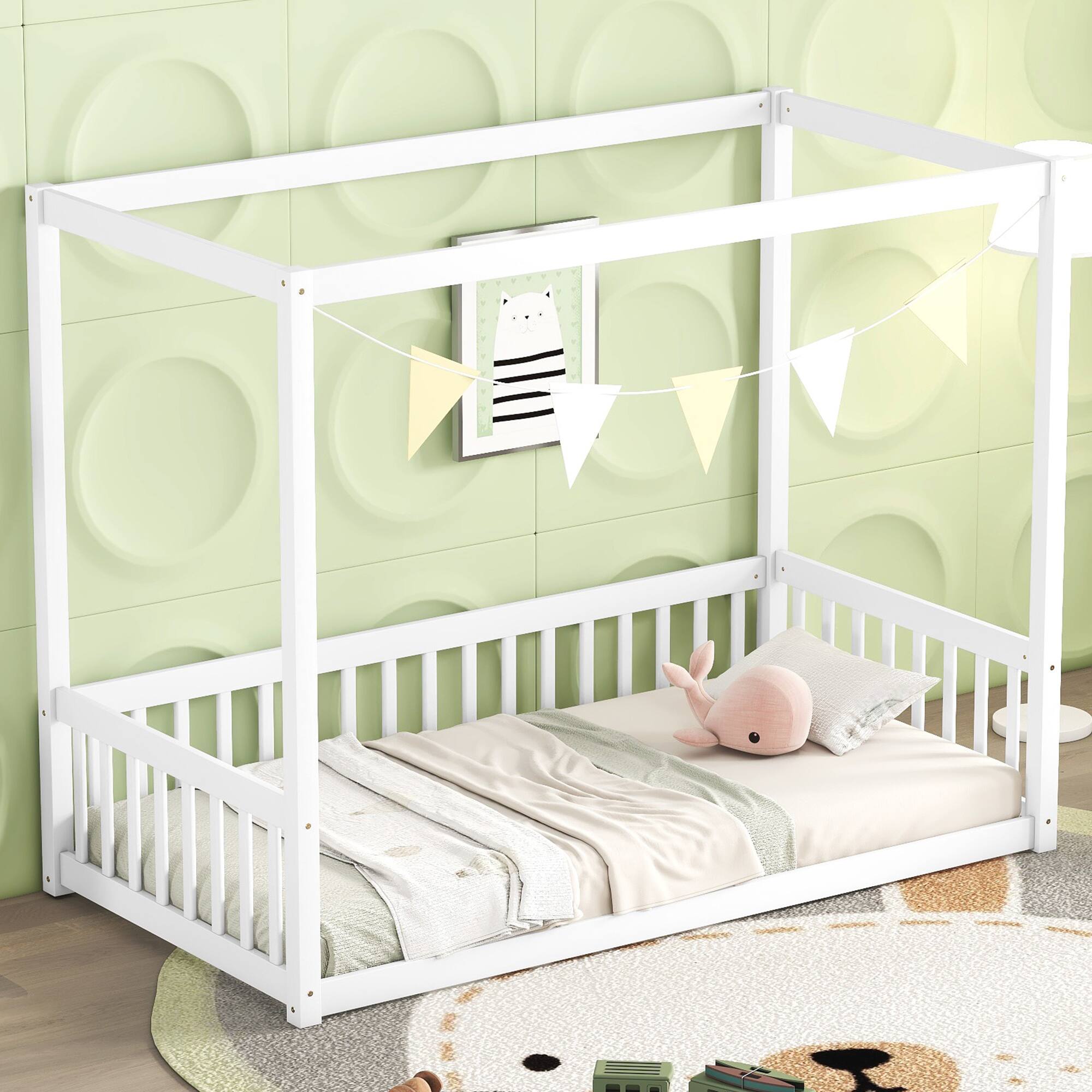 Angle. Tiramisubest - Twin Size Canopy Frame Floor Bed with Fence, Guardrails,White - White.