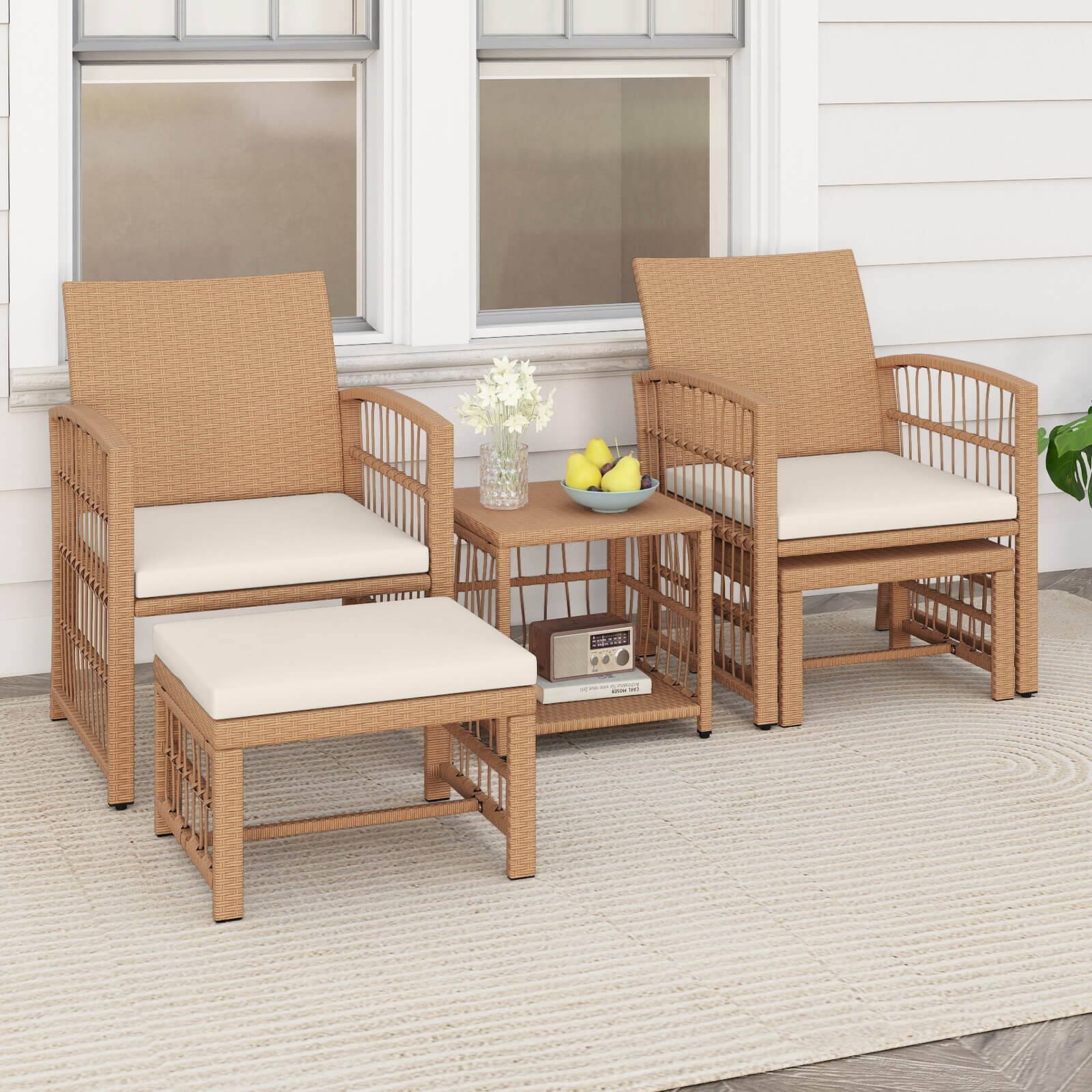 Alt View 4. Costway - Costway 5 Pieces Patio Conversation Set PE Rattan Balcony Furniture Set with Cushions - Natural+Off White.