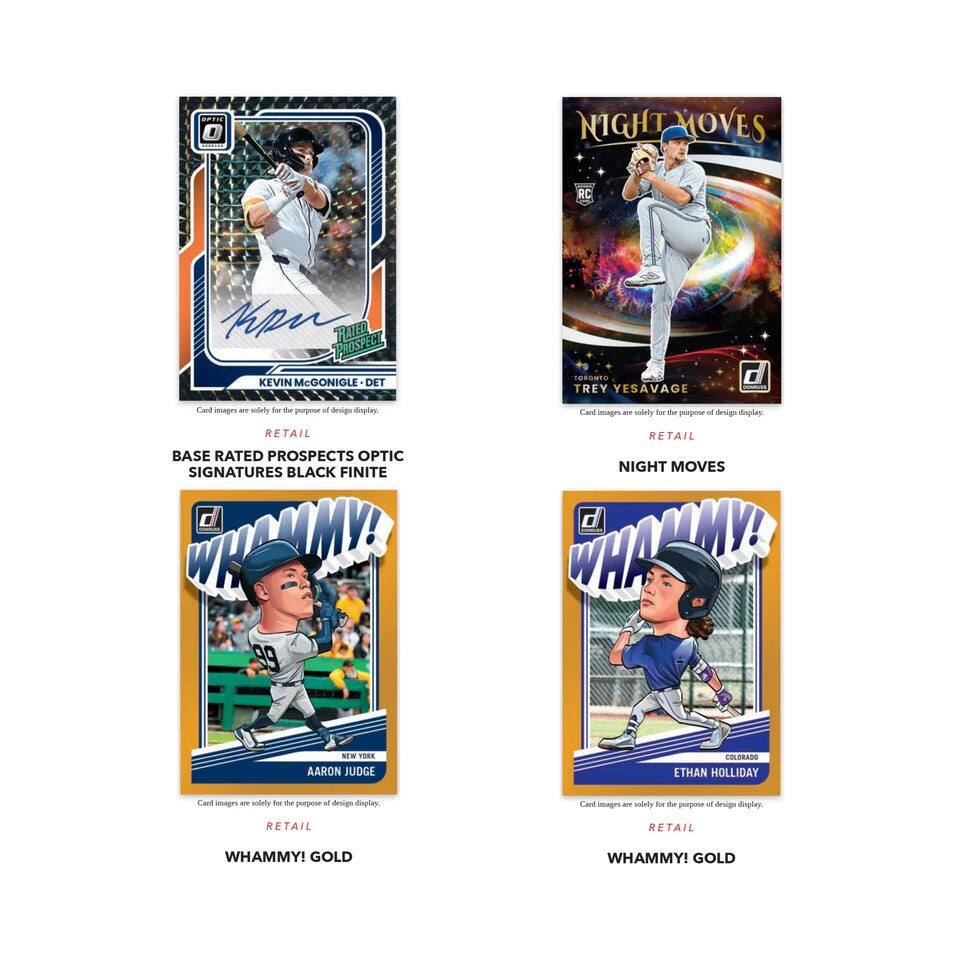 Sure, here is the corrected and grouped text from the image:

---

**SS NIGHT MOVES RC Mp RIE PROSPECTS**

**KEVIN McGONIGLE - DET**

**TREY YESAVAGE**

**BASE RATED PROSPECTS OPTIC SIGNATURES BLACK FINITE MM 99**

**NIGHT MOVES**

**WHAMMY! GOLD**

**WHAMMY! GOLD**

**AARON JUDGE - NEW YORK**

**ETHAN HOLLIDAY - COLORADO**

---

**Card images are solely for the purpose of design display.**

**RETAIL**

---

**RETAIL**

**RETAIL**

**RETAIL**