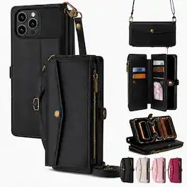 Topteng - 6-in-1 Wallet Case for iPhone 13/13 Pro/13 Pro Max with Wrist & Crossbody Straps, Zipper Pocket, Card Holders - iPhone 13 Pro Max Black