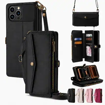 Front. Topteng - 6-in-1 Wallet Case for iPhone 14 Pro & iPhone 14 Pro Max with Wrist & Crossbody Straps, Zipper Pocket, Card Holders - iPhone 14 Pro Max Black.