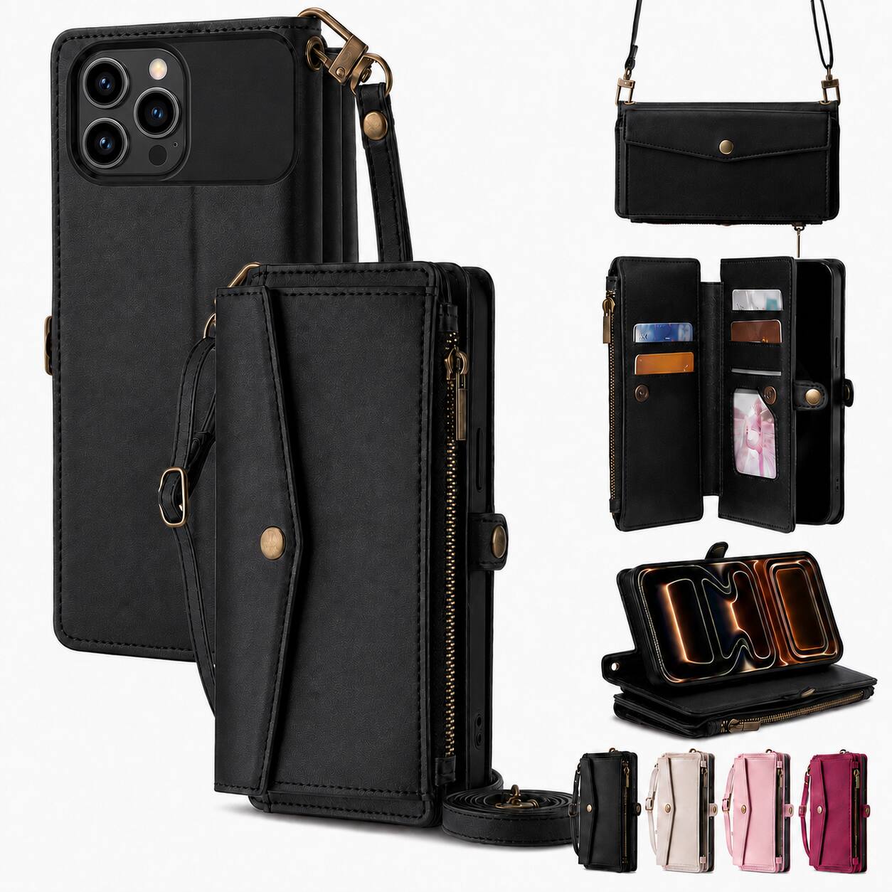 Front. Topteng - 6-in-1 Wallet Case for iPhone 14 Pro & iPhone 14 Pro Max with Wrist & Crossbody Straps, Zipper Pocket, Card Holders - iPhone 14 Pro Max Black.