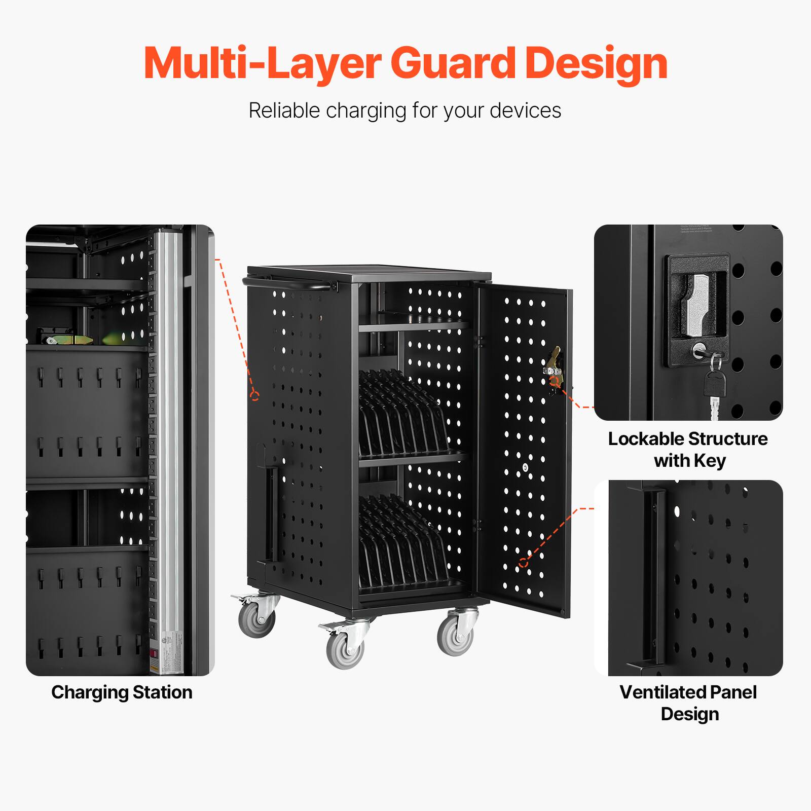 Multi-Layer Guard Design  
Reliable charging for your devices  

- Charging Station  
- Lockable Structure with Key  
- Ventilated Panel Design