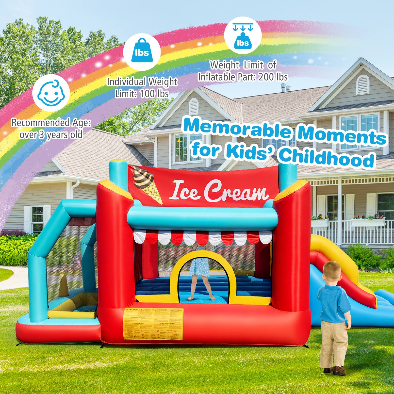 - Individual Weight Limit: 100 lbs
- Weight Limit of Inflatable Part: 200 lbs
- Recommended Age: over 3 years old
- Memorable Moments for Kids' Childhood
- Ice Cream