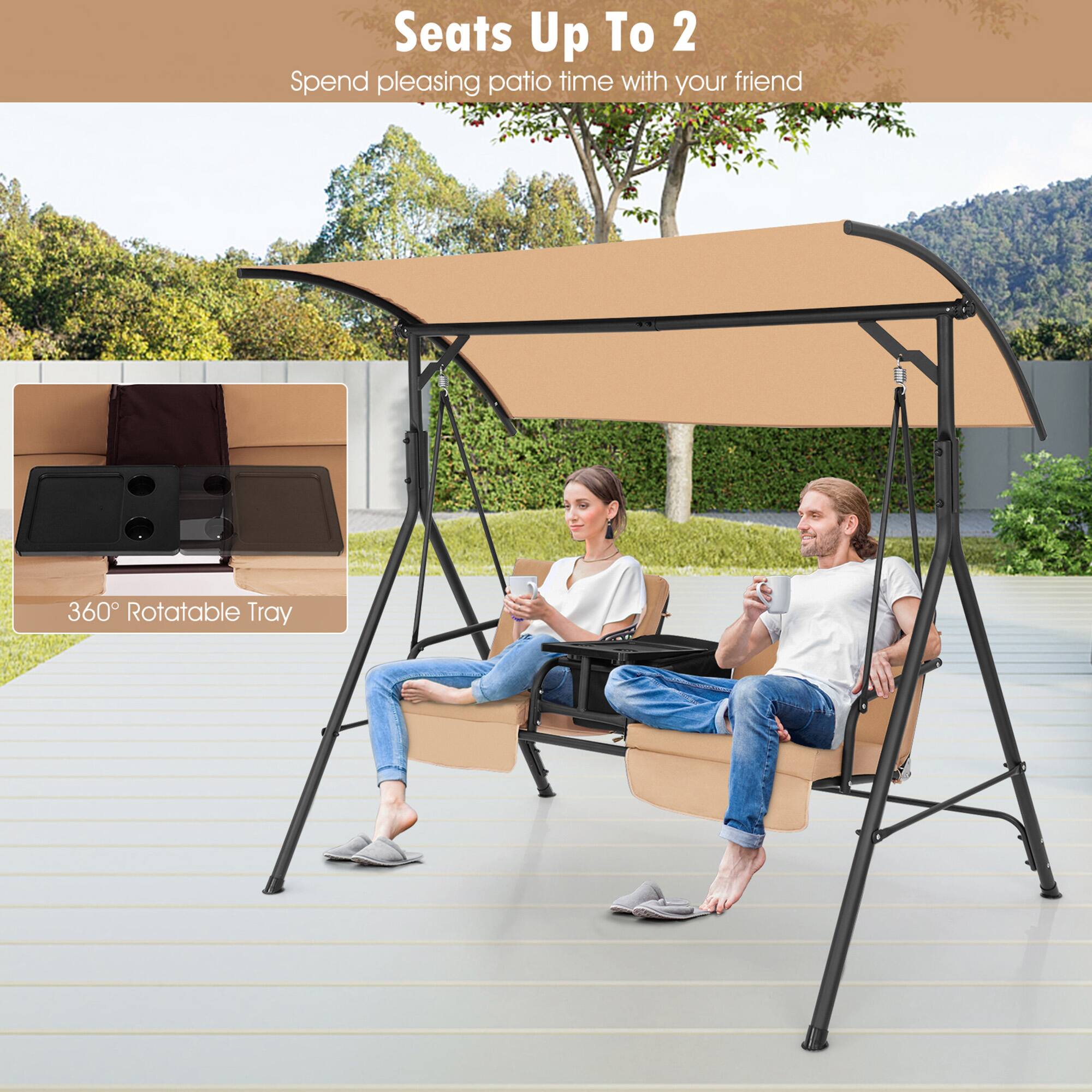 Alt View 3. Gymax - Gymax 2-Person Canopy Porch Swing Padded Chair Cooler Bag Rotatable Tray Beige - Beige.
